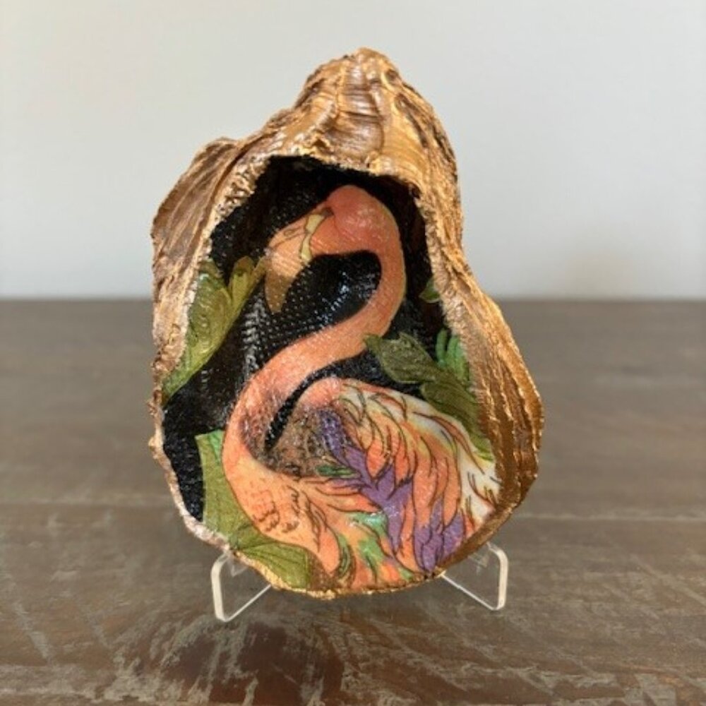 Flamingo on Oyster Shell With Stand Or Trinket Tray